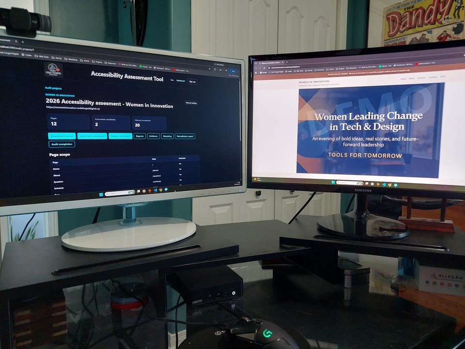 Dual-monitor workspace used for reviewing and testing website accessibility.