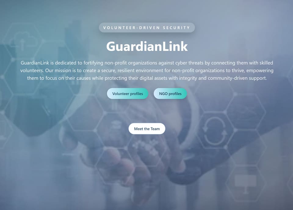GuardianLink homepage showcasing volunteer-driven nonprofit cybersecurity support.
