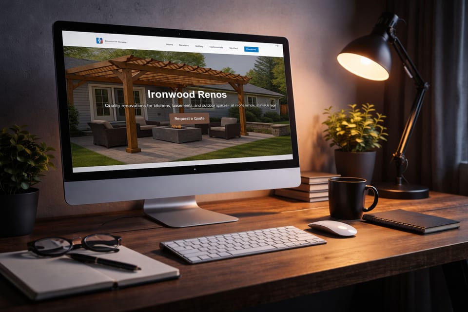 Desktop monitor on a workspace displaying a business website.